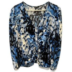 Studio by JPR Blue Abstract Ruched Snap Front Top Women’s L Puff Shoulder
